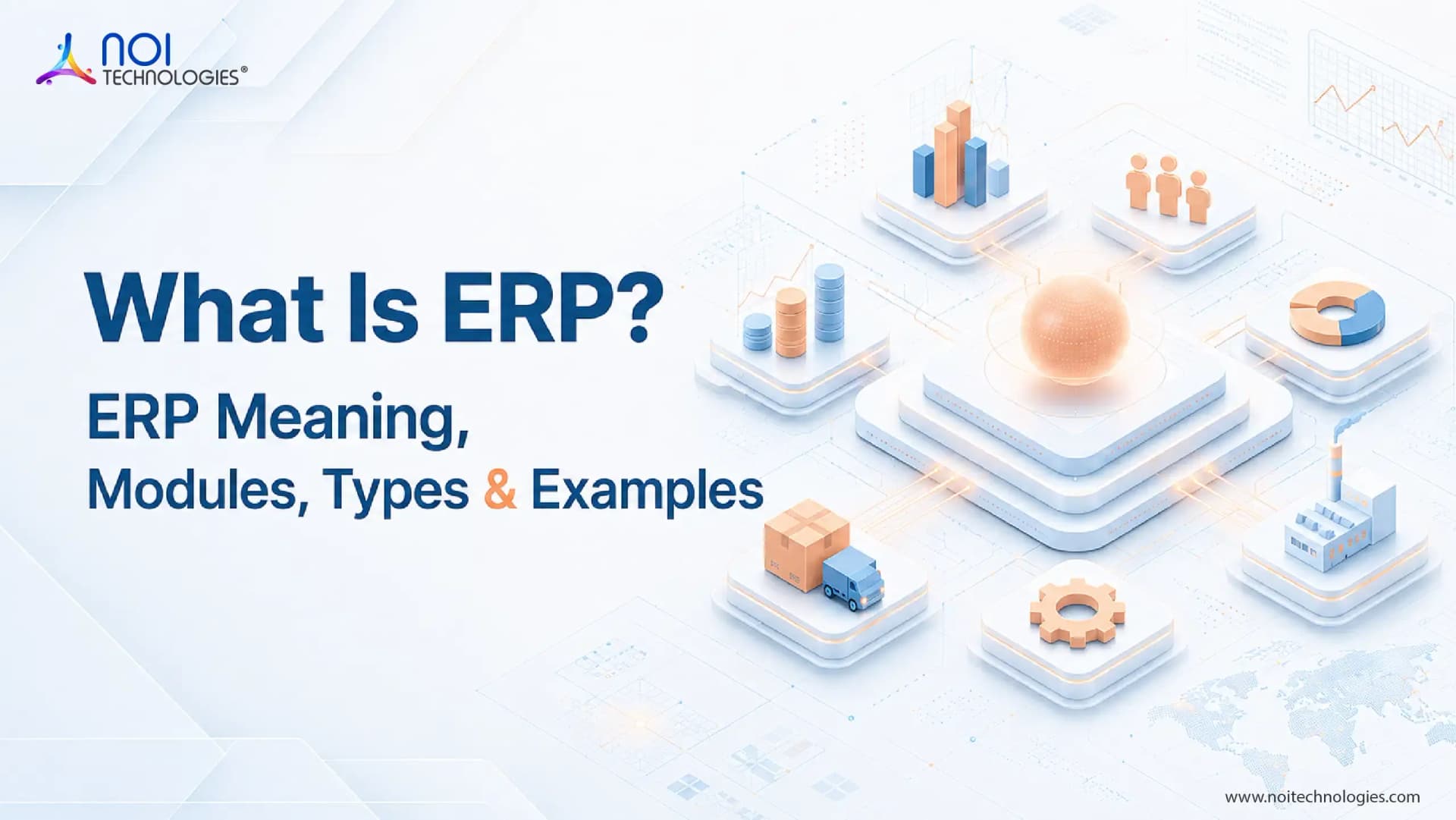 ERP system connecting business modules including finance, inventory, manufacturing, analytics, and operations