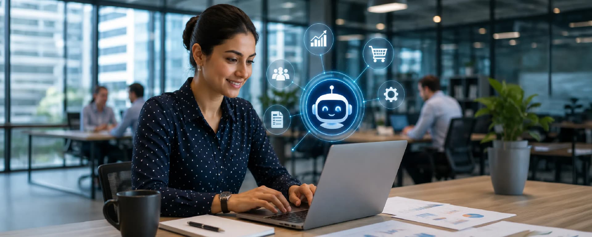 AI chatbot for ERP helping a business user access reports, inventory, sales, and workflow data