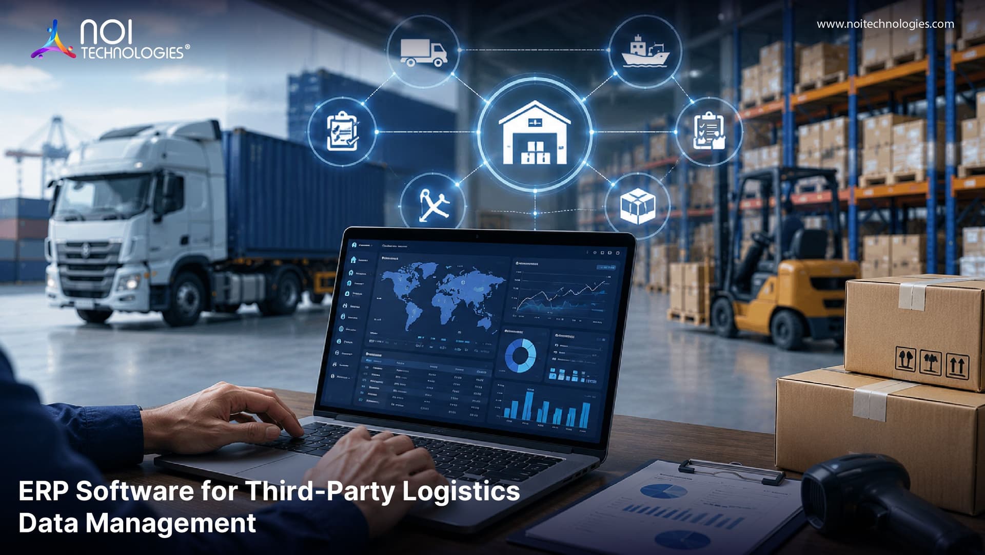 ERP software dashboard for third-party logistics data management, warehouse operations, inventory tracking, and supply chain visibility
