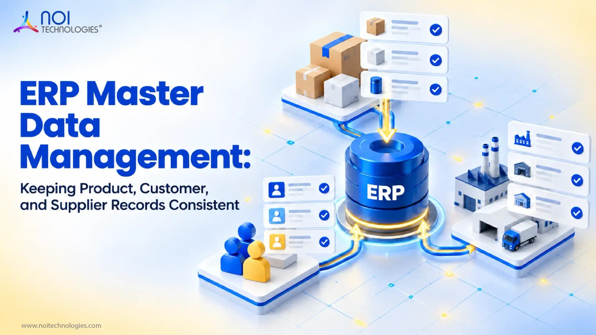 ERP master data management illustration connecting product, customer, and supplier records to a central database