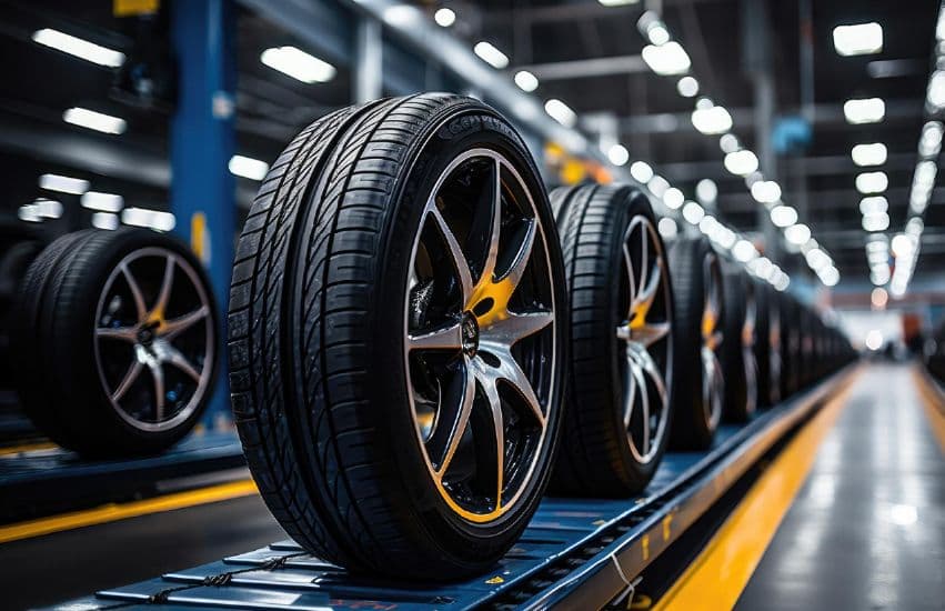 Tires on a conveyor in a warehouse, illustrating Sportires Mexico’s retail inventory and fulfillment operations