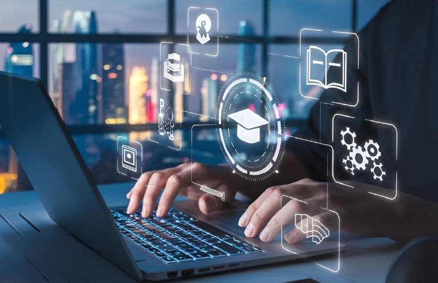 Person using a laptop with education and settings icons representing a digital learning platform