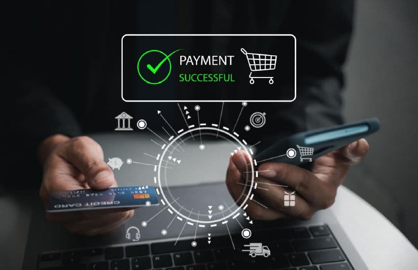 Person holding a payment card and smartphone beneath a digital payment confirmation graphic